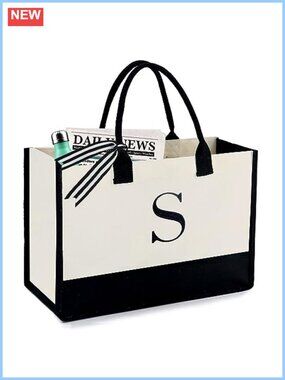 Monogram Initial Canvas Tote Bag - Women Teacher Gift with Zipper Pouch